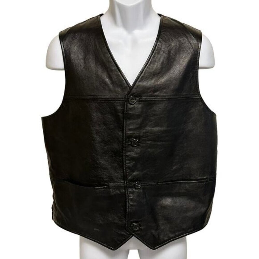 Mens Black Leather Vest Pelle Studio Wilsons XL Brown Lining Button Front Pocket